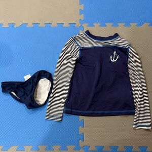 Kids Navy Anchor Long-Sleeve Rash Guard Swim Set
